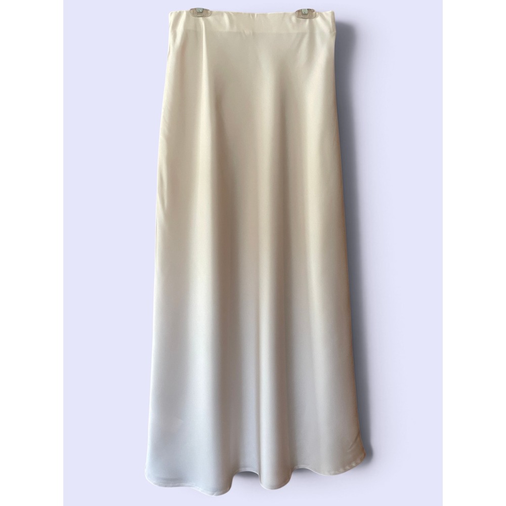 Cream Satin Silk Maxi Slip Skirt XS Hidden Elastic Waist High Rise 90s Style